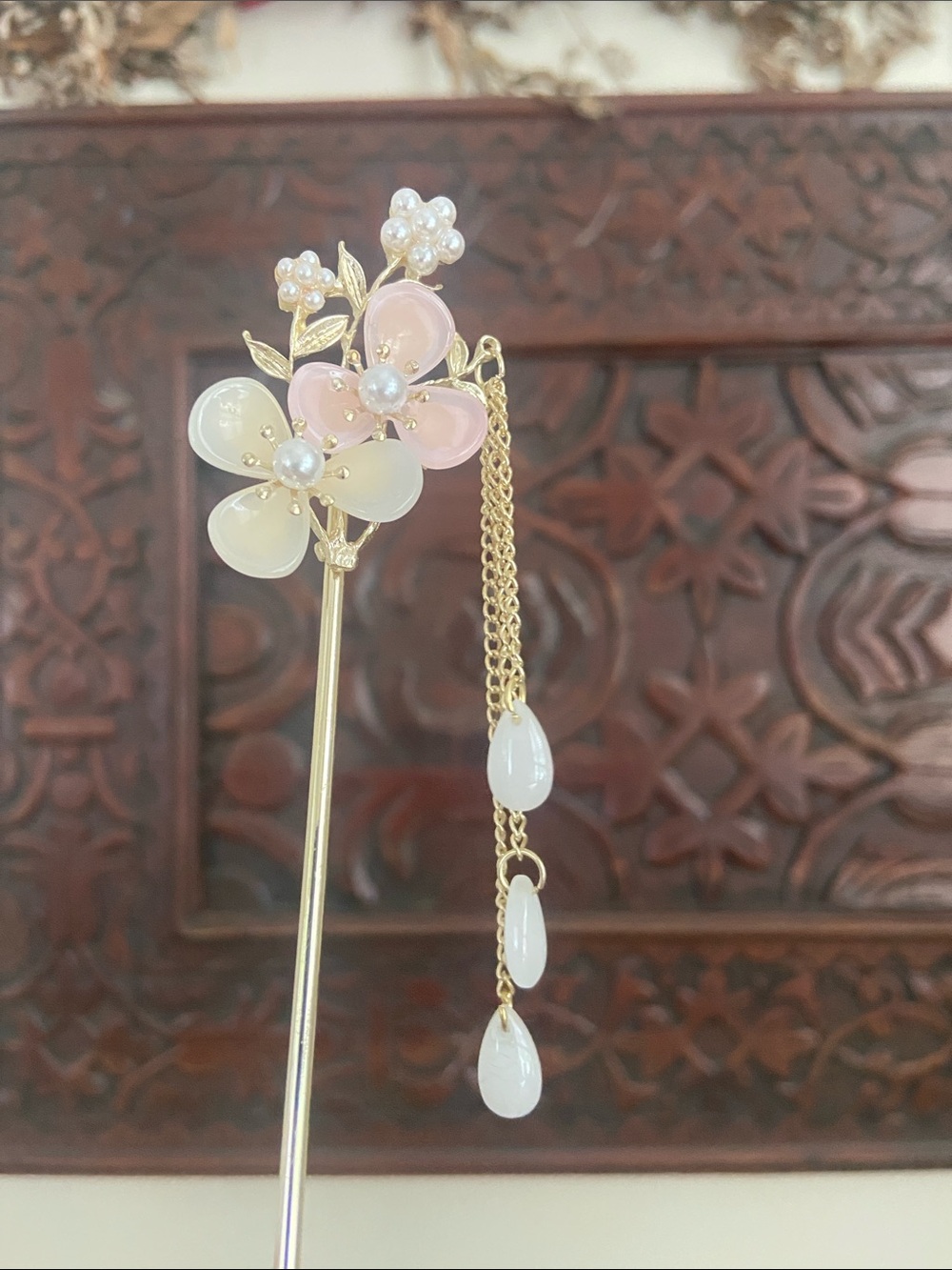 Y2k Gold Floral Hair Stick with Pearls, Opalite Dangle and Pink and Cream Petals